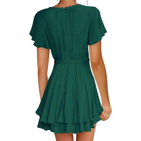 Bonkwa Tiered Ruffle Hem Tie Waist Wrap V Neck Flutter Sleeve Dress Dark Green - Picture 5 of 10